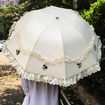 Кружевной зонтик Rain Women Солнцезащитный Корейский Трехстворчатый Зонтик UV Clear Princess, Непроницаемый для ветра, защита от ветра XF11GM