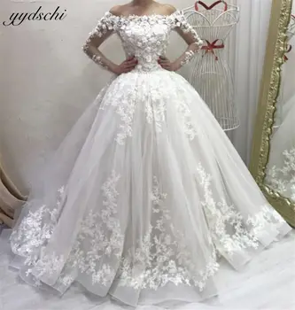Элегантное Свадебное платье с вырезом лодочкой цвета слоновой кости и длинными рукавами 2023, бальное платье принцессы, Кружевные аппликации, платья невесты, Vestido De Novia