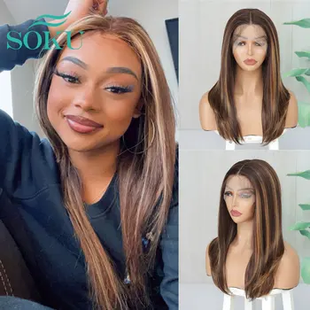 Синтетические прямые кружевные парики SOKU Спереди для чернокожих женщин 32-дюймовый светлый кружевной парик Омбре с предварительно выщипанными натуральными волосами