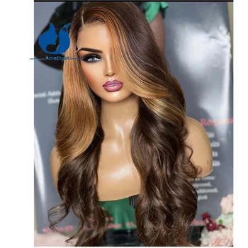 Аметистово-коричневый Со светлыми бликами 13x4 Парики из человеческих волос на кружеве спереди для женщин, бразильские волосы Remy, предварительно выщипанные, цветные