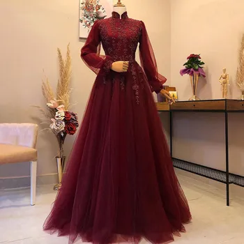 Мусульманские вечерние платья с бордовой аппликацией, 2023 Бусины, высокий вырез, Пышные Длинные рукава, Арабский кафтан, Праздничное платье для свадьбы, вечеринки