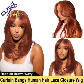 Вдохновленные слои с челкой для занавесок 13x4 Кружевной парик спереди Красновато-коричневые парики из человеческих волос свободной волны для женщин, предварительно выщипанные 34 дюйма