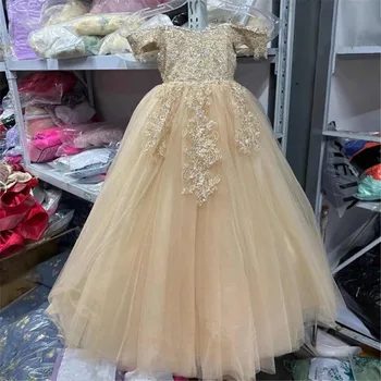 Платье с цветами цвета шампанского, платье принцессы с жемчужным кружевом для девочек, платья для первого причастия без рукавов, детское платье для свадебной вечеринки