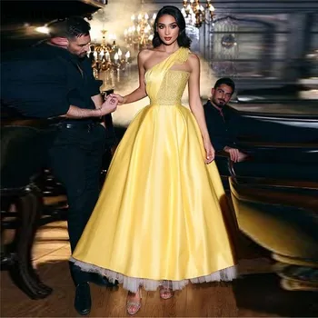 Sevintage Элегантные бледно-желтые платья для выпускного вечера со складкой на одном плече и рюшами длиной до щиколоток, вечерние платья для женщин, платья для вечеринок 2023