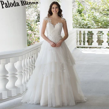 Свадебные платья Paloda Charming Illusion с овальным вырезом для невесты, Многослойные аппликации из тюля на пуговицах, с открытыми плечами, Трапециевидная складка, без рукавов
