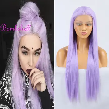 Лавандово-фиолетовый синтетический парик на кружеве из синтетических волос без клея, длинное прямое термостойкое волокно, пробор без линии роста волос для женщин