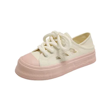 Розовая парусиновая обувь с полуприцепом, женская летняя новинка, модный нишевый дизайн, одношаговые сандалии на толстой подошве, маленькие белые туфли