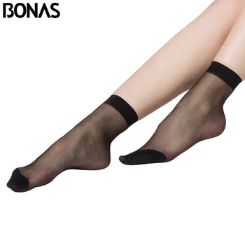 BONAS, 10 пар/лот, летние женские короткие носки, прозрачные нейлоновые носки, женские однотонные шелковые гладкие носки до щиколоток для девочек